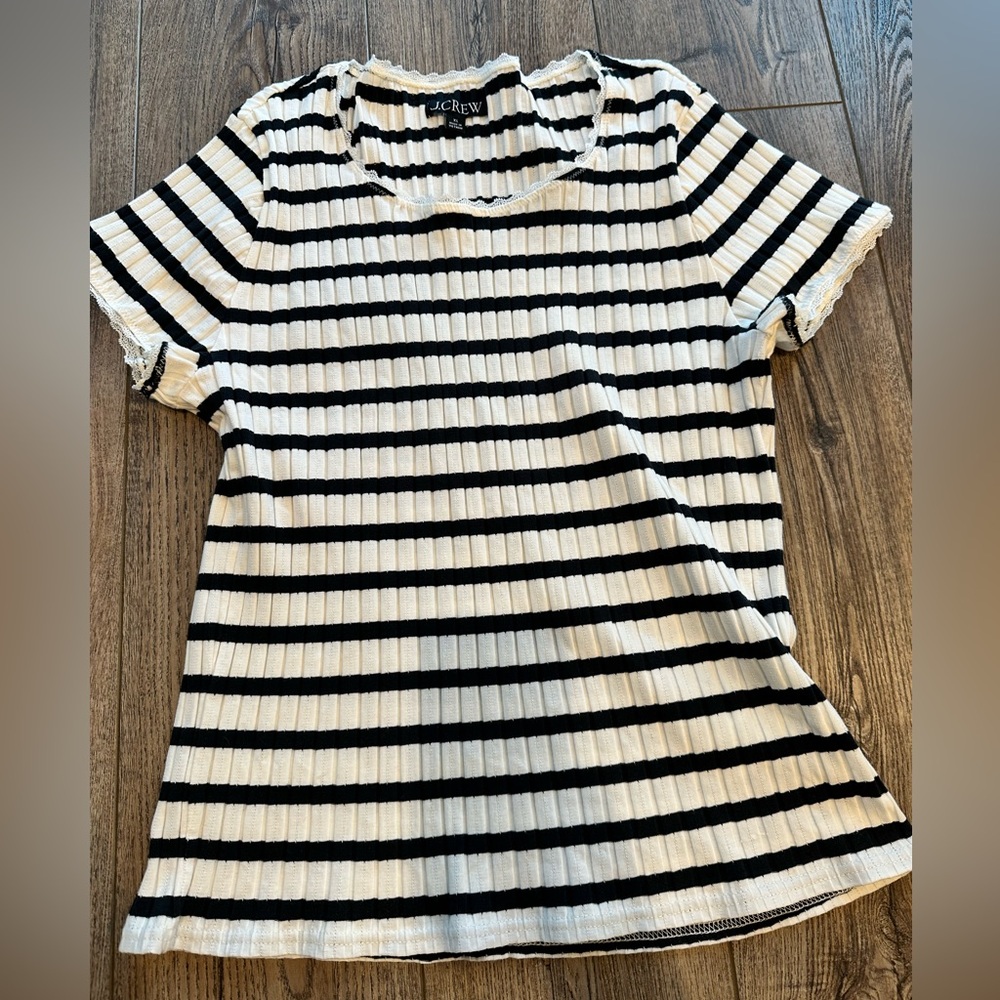J. Crew Black and White Striped Pointelle Ribbed Short Sleeve Tee XL